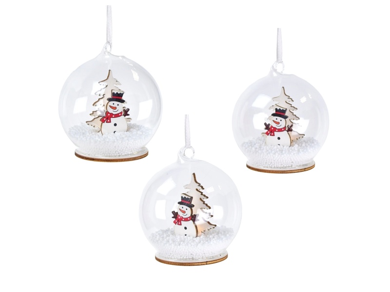 Průhledná baňka se sněhulálkem a s LED osvětlením Ø8 cm, set 3 ks