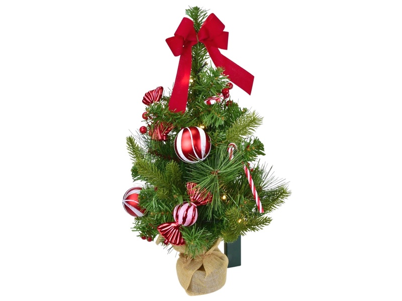 Stromek s červenou mašlí a candy dekoracemi 15×LED, 50 cm