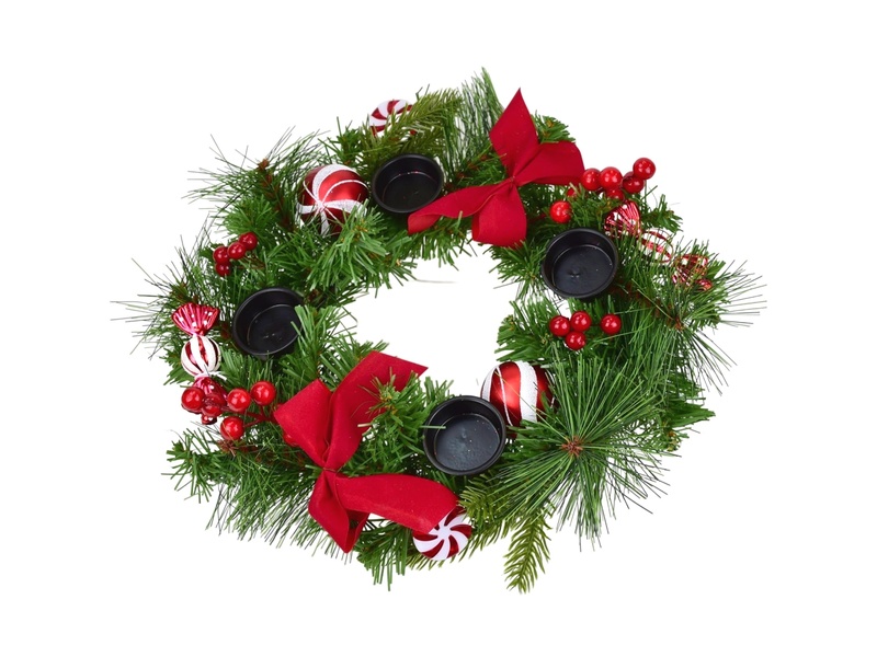 Adventní svícen s červenou mašlí a Candy dekoracemi Ø30 cm