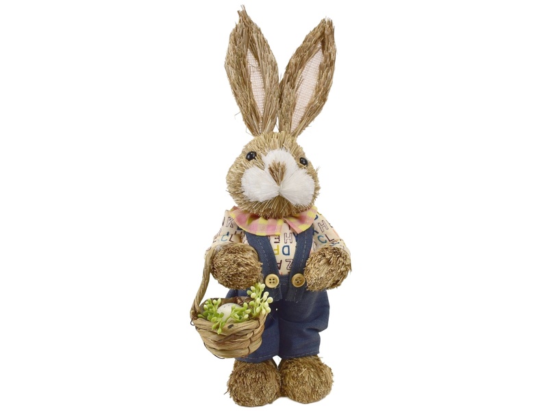 Slámový zajíc s košíčkem 33x13 cm