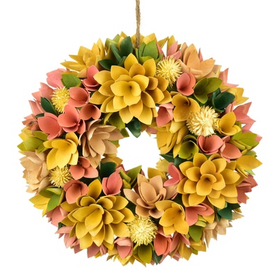 Jarní věnec z dřevěných kytiček žlutý Ø30 cm